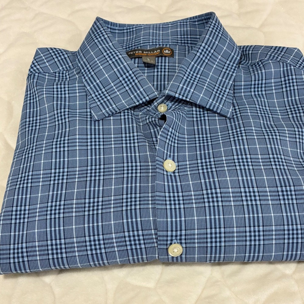Peter Millar Summer‎ Comfort Button Down Blue Plaid Dress Shirt Long Sleeve L